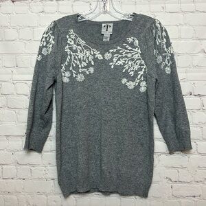 Rain + Rose Grey Sweater with Floral Embroidery